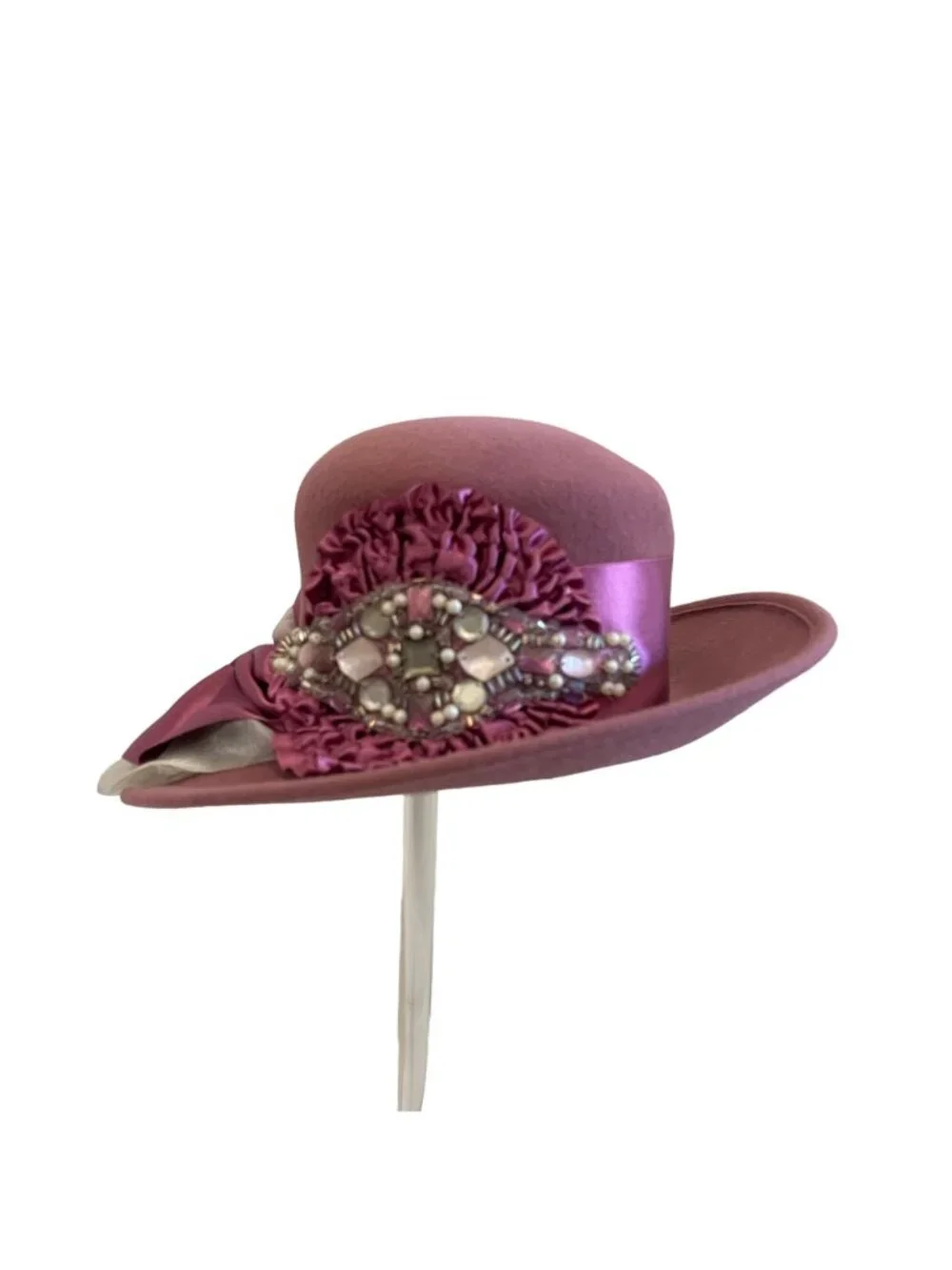 Louise Green Pink Wool Felt Wide Brim Hat Satin Ribbon  Rhinestone Embellishment
